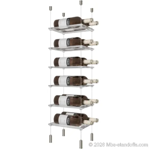 [SCG1904-CF02C-K6] Sauvignon - Pouilly-Fumé Collection Bottle Display Cable Cradle Kit, 12-Bottle (2x6) Capacity, Floating Cable System, 2-Bottle Flat Acrylic Cradle, Cable: 1/16″ Diameter, 13′-1″ Length with Satin Brushed Hanger