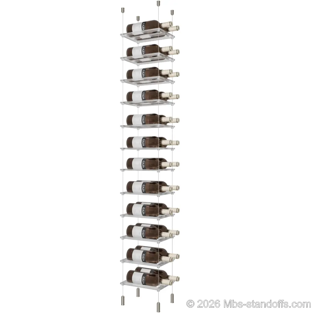 Sauvignon - Pouilly-Fumé Collection Bottle Display Cable Cradle Kit, 24-Bottle (2x12) Capacity, Floating Cable System, 2-Bottle Flat Acrylic Cradle, Cable: 1/16″ Diameter, 13′-1″ Length with Satin Brushed Hanger