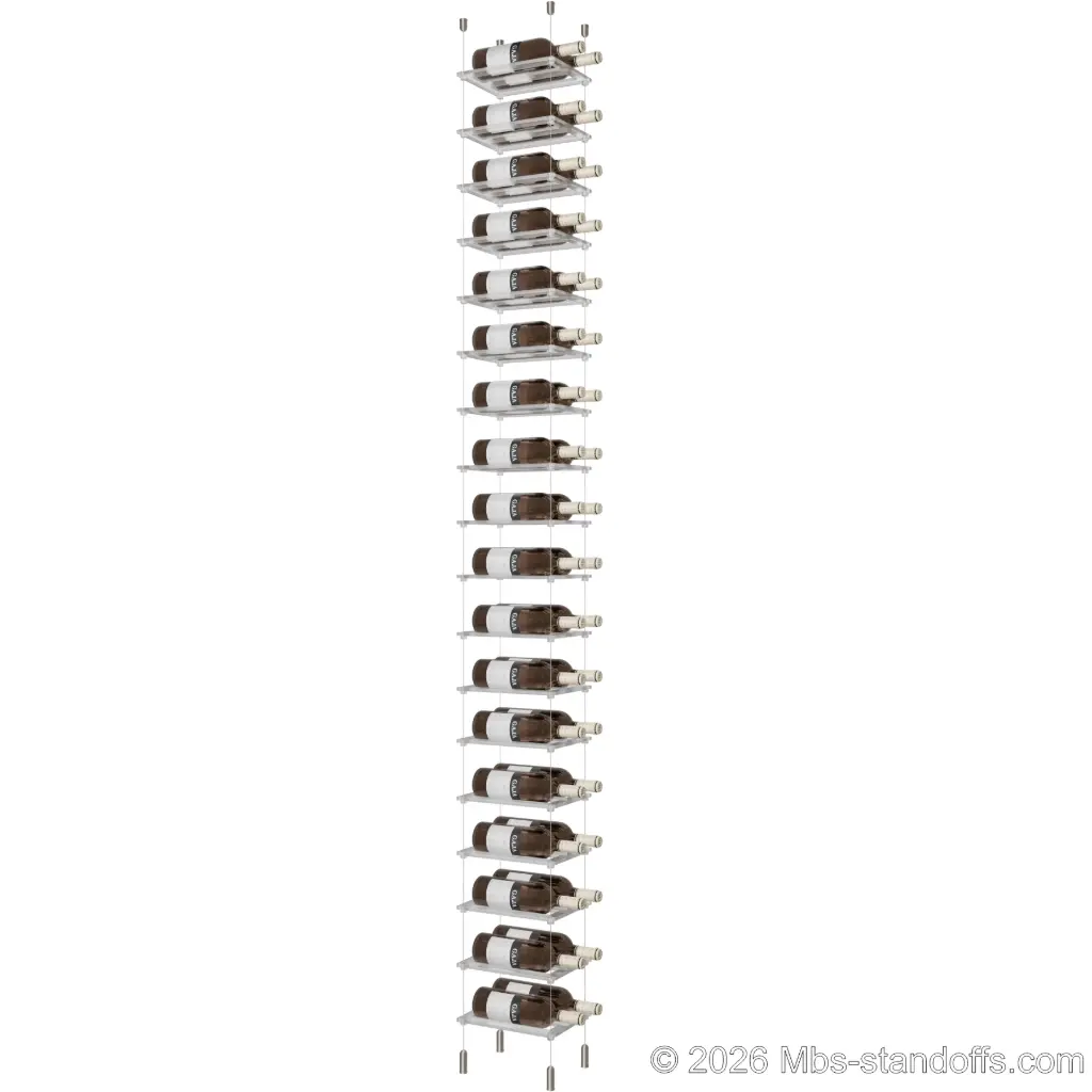 Sauvignon - Pouilly-Fumé Collection Bottle Display Cable Cradle Kit, 36-Bottle (2x18) Capacity, Floating Cable System, 2-Bottle Flat Acrylic Cradle, Cable: 1/16″ Diameter, 13′-1″ Length with Satin Brushed Hanger