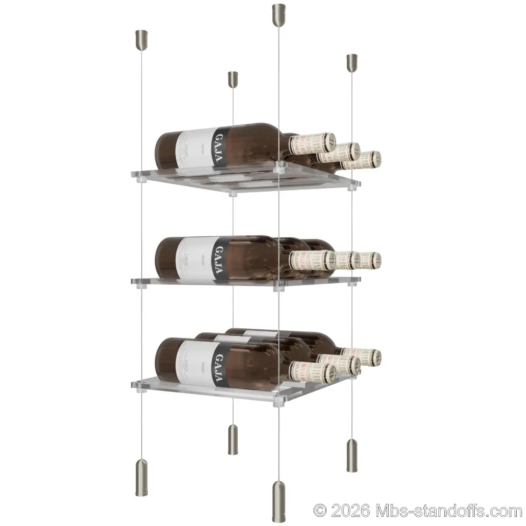 Sauvignon - Pouilly-Fumé Collection Bottle Display Cable Cradle Kit, 9-Bottle (3x3) Capacity, Floating Cable System, 3-Bottle Flat Acrylic Cradle, Cable: 1/16″ Diameter, 13′-1″ Length with Satin Brushed Hanger