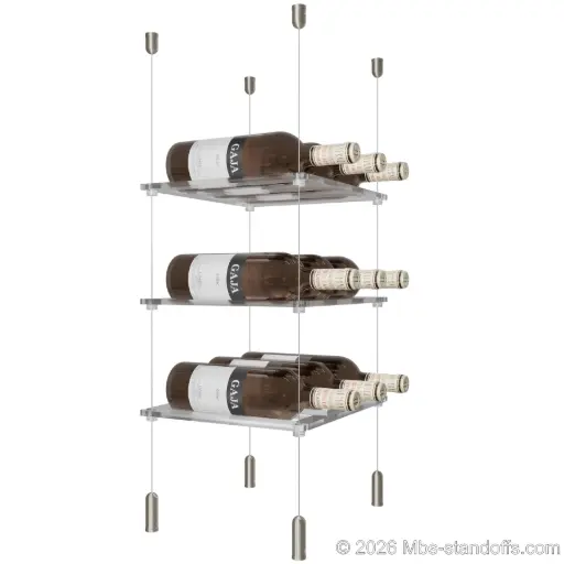 [SCG1904-CF03C-K3] Sauvignon - Pouilly-Fumé Collection Bottle Display Cable Cradle Kit, 9-Bottle (3x3) Capacity, Floating Cable System, 3-Bottle Flat Acrylic Cradle, Cable: 1/16″ Diameter, 13′-1″ Length with Satin Brushed Hanger