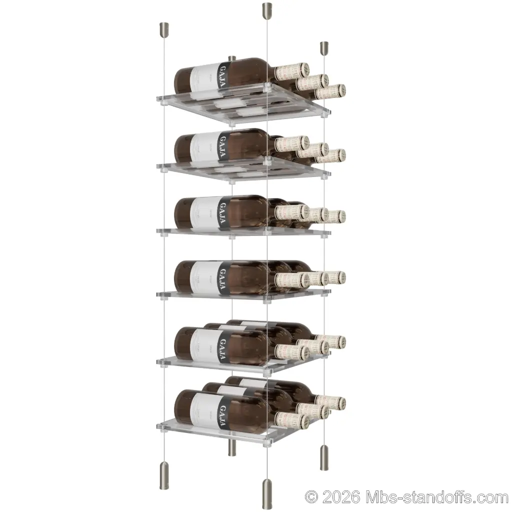 Sauvignon - Pouilly-Fumé Collection Bottle Display Cable Cradle Kit, 18-Bottle (3x6) Capacity, Floating Cable System, 3-Bottle Flat Acrylic Cradle, Cable: 1/16″ Diameter, 13′-1″ Length with Satin Brushed Hanger