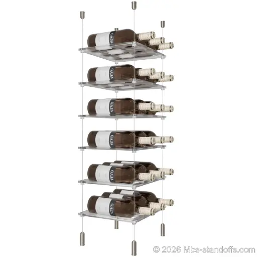 [SCG1904-CF03C-K6] Sauvignon - Pouilly-Fumé Collection Bottle Display Cable Cradle Kit, 18-Bottle (3x6) Capacity, Floating Cable System, 3-Bottle Flat Acrylic Cradle, Cable: 1/16″ Diameter, 13′-1″ Length with Satin Brushed Hanger