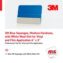 3M 4" x 3" Blue Squeegee, Medium Hardness, with White Wool Felt for Vinyl and Film Application