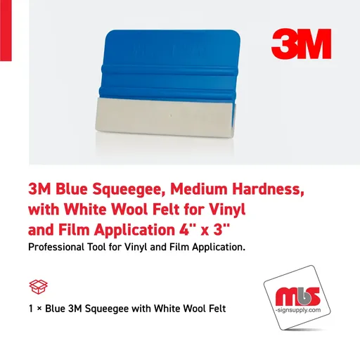 [SQ-0104] 3M 4'' x 3'' Blue Squeegee, Medium Hardness, with White Wool Felt for Vinyl and Film Application