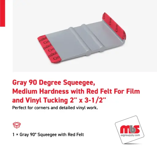 [SQ-0220] 2" x 3-1/2" Gray 90 Degree Squeegee, Medium Hardness with Red Felt For Film and Vinyl Tucking