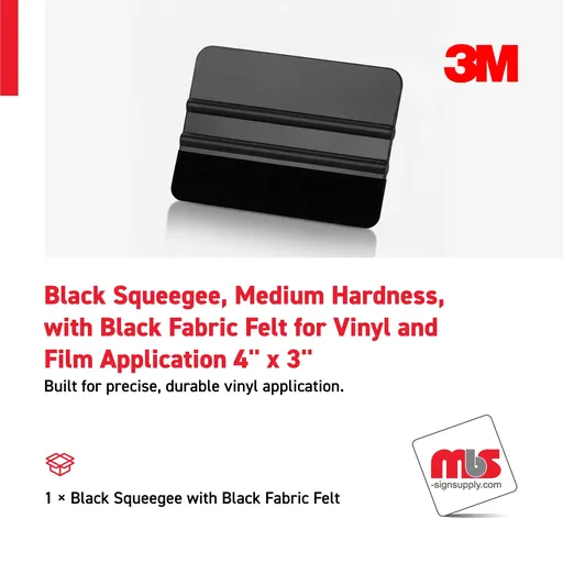 [SQ-0301] 4'' x 3'' Black Squeegee, Medium Hardness, with Black Fabric Felt for Vinyl and Film Application