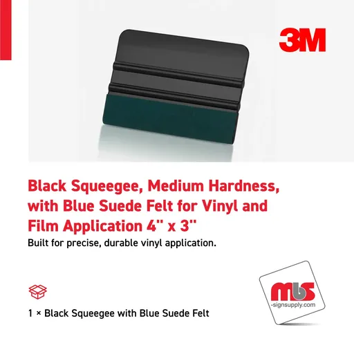 [SQ-0302] 3M 4" x 3" Black Squeege, Medium Hardness, with Blue Suede Felt for Vinyl and Film Application