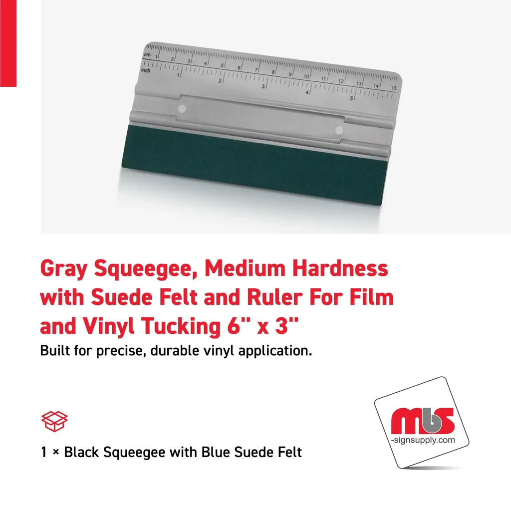 6'' x 3'' Gray Squeegee, Medium Hardness with Suede Felt and Ruler For Film and Vinyl Tucking