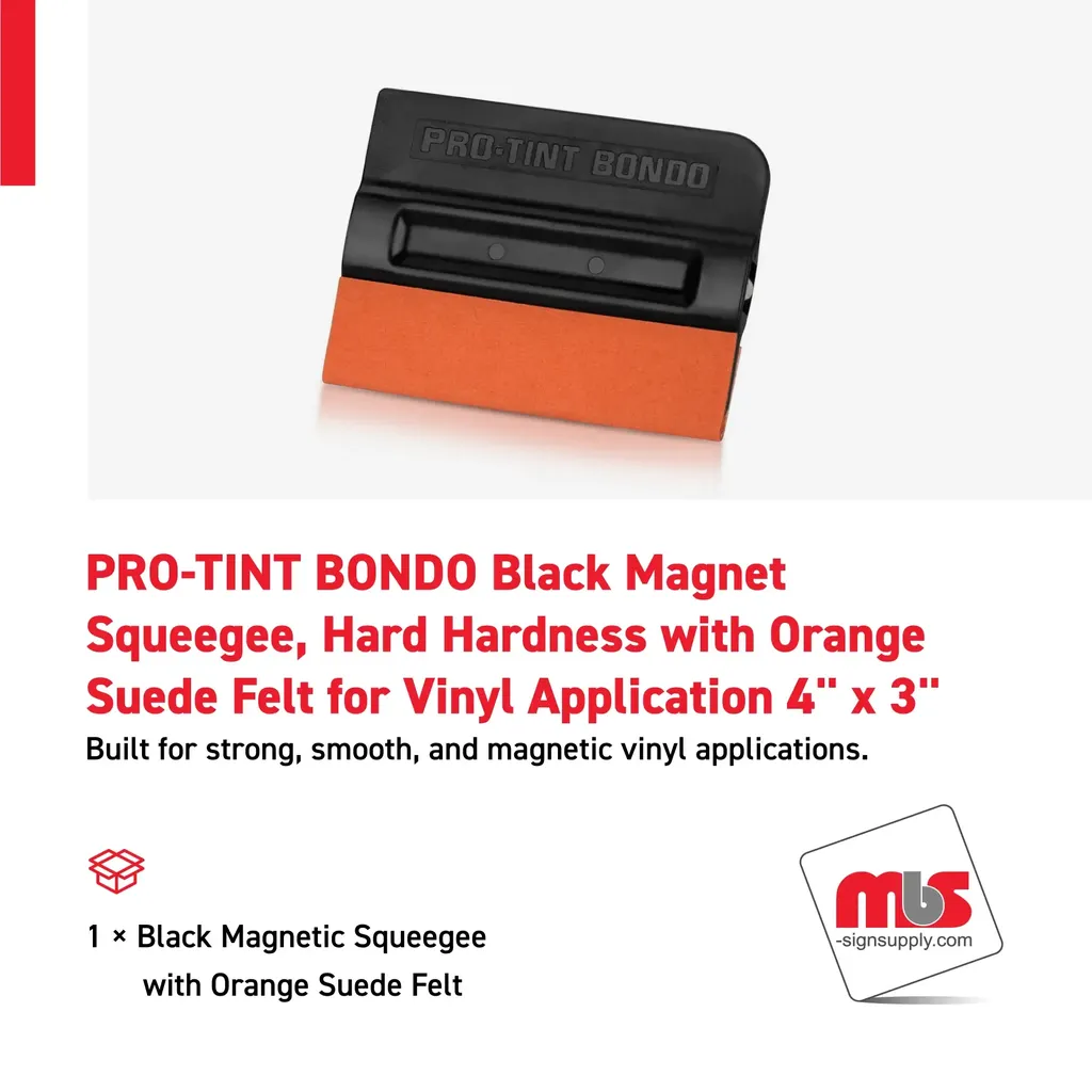 PRO-TINT BONDO 4'' x 3'' Black Magnet Squeegee, Hard Hardness with Orange Suede Felt for Vinyl Application