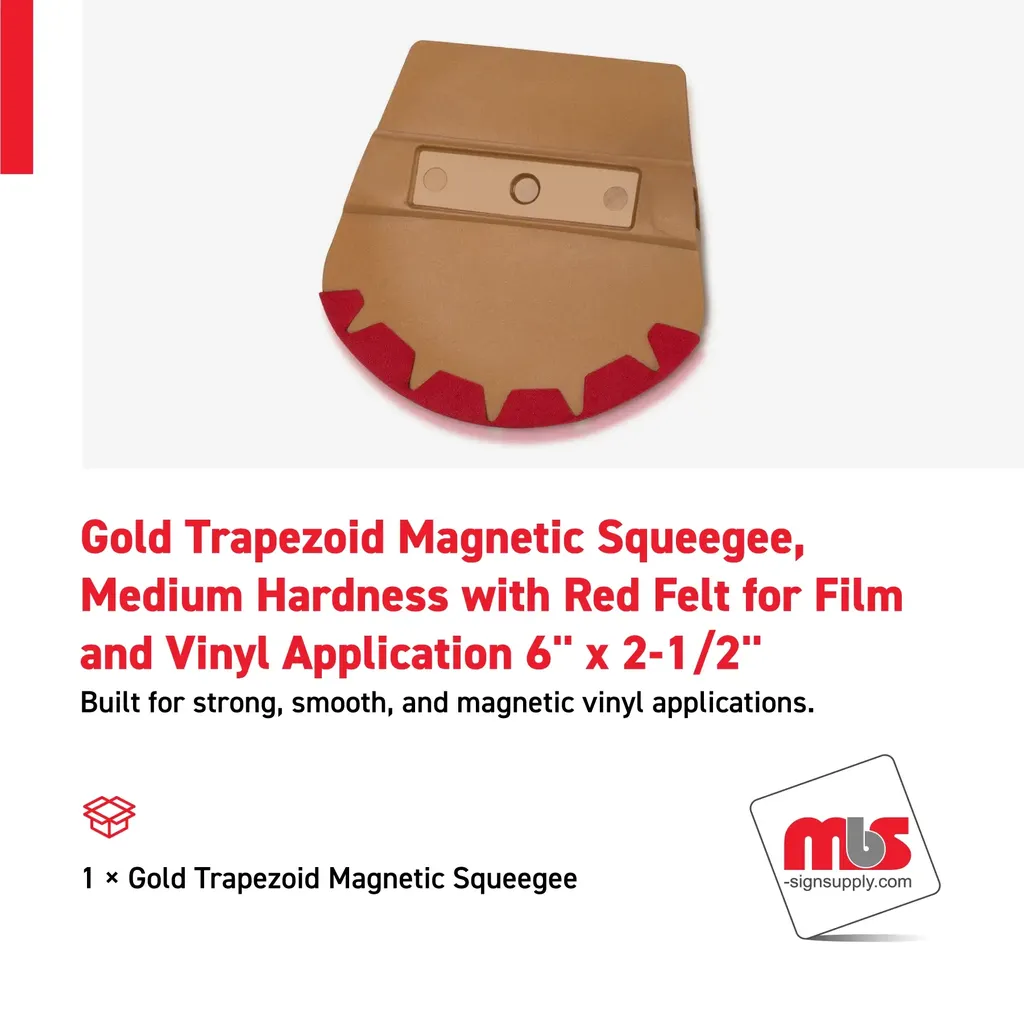6'' x 2-1/2'' Gold Trapezoid Magnetic Squeegee, Medium Hardness with Red Felt for Film and Vinyl Application