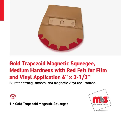 [SQ-0405] 6'' x 2-1/2'' Gold Trapezoid Magnetic Squeegee, Medium Hardness with Red Felt for Film and Vinyl Application