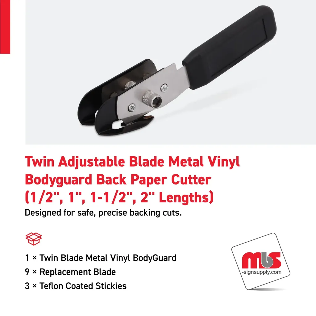 Twin Adjustable Blade Metal Vinyl Bodyguard Back Paper Cutter (1/2'', 1'', 1-1/2'', 2'' Lengths) w/ (9) Replacement Blade and (3) Teflon Coated Stickies