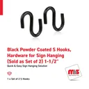 1-1/2" Black Powder Coated S Hooks, Hardware for Sign Hanging (Sold as Set of 2)