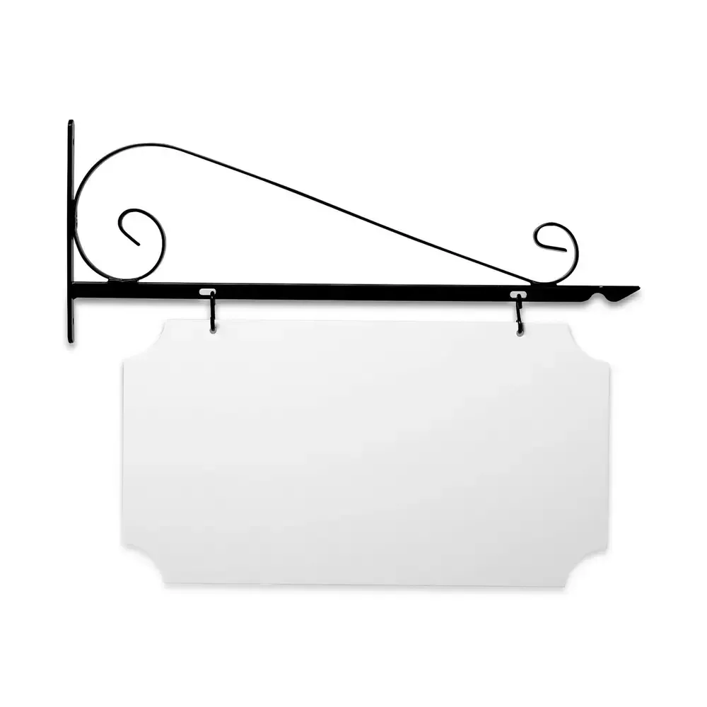 24'' Wide Value Scroll Bracket in  Black Powder Coated Steel with 12'' Tall X 22'' Wide X .063'' Thick White Aluminum Sign Blank and 2 Black Powder Coated S-Hooks