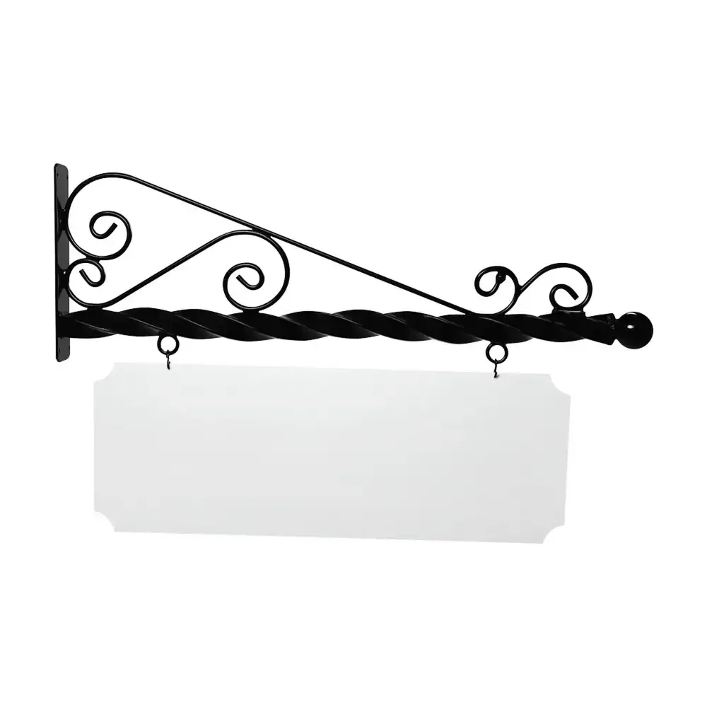 48" Wide Super Deluxe Bracket in  Black Powder Coated Aluminum with 16" Tall X 44" Wide X .080" Thick White Aluminum Sign Blank and 2 Black Powder Coated S-Hooks