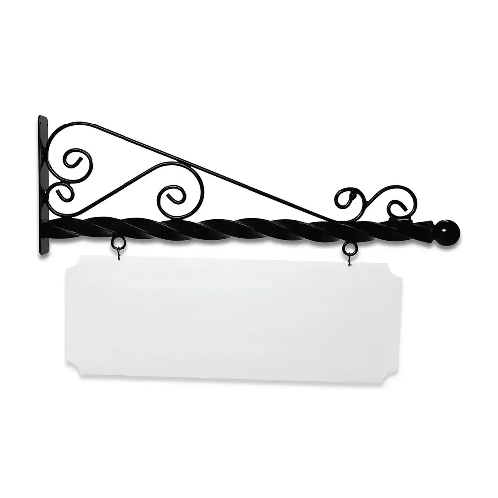 48" Wide Super Deluxe Bracket in  Black Powder Coated Steel with 16" Tall X 44" Wide X .080" Thick White Aluminum Sign Blank and 2 Black Powder Coated S-Hooks