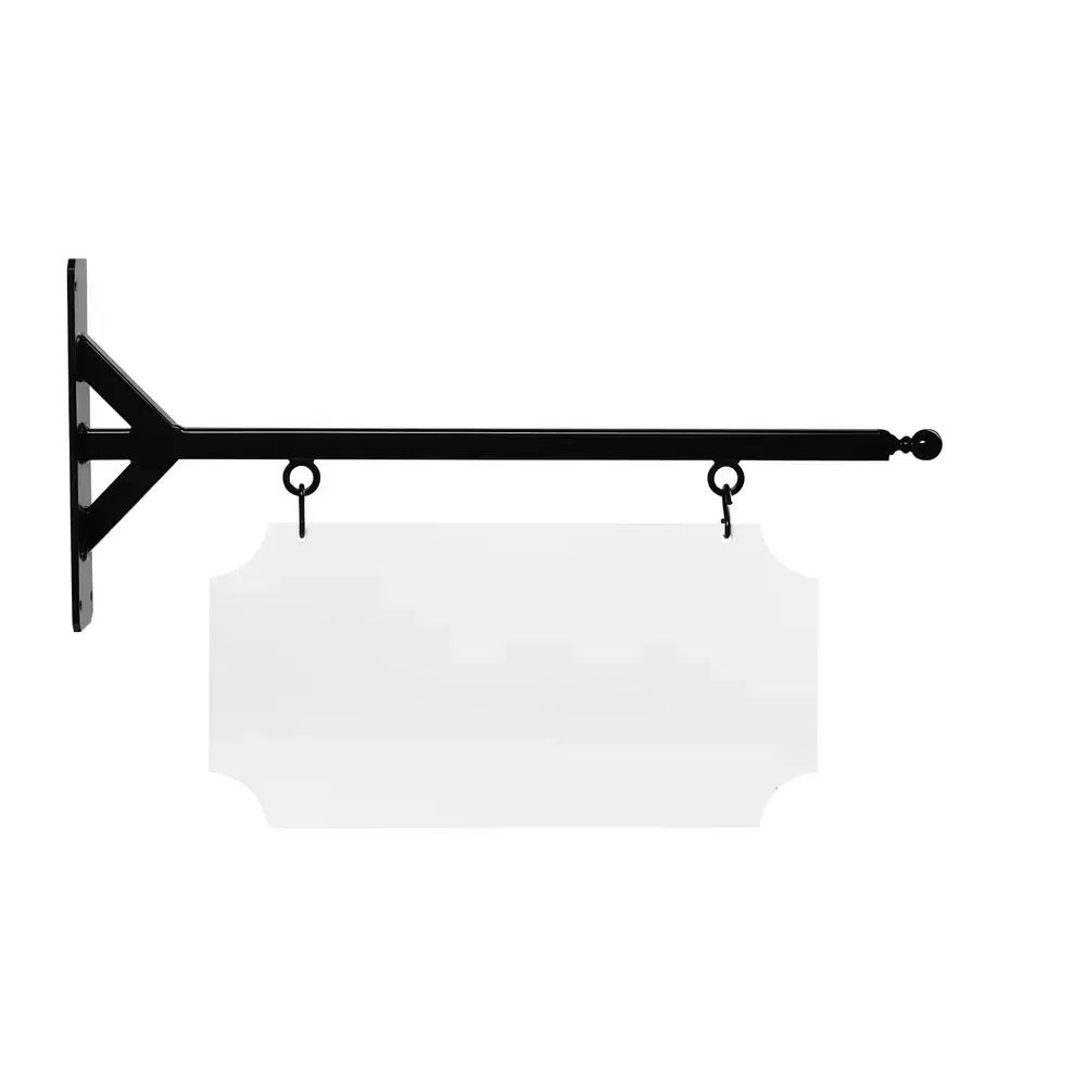 24'' Wide Straight Shaft Bracket in  Black Powder Coated Steel with 10'' Tall X 20'' Wide X .063'' Thick White Aluminum Sign Blank and 2 Black Powder Coated S-Hooks (Ball Finial)