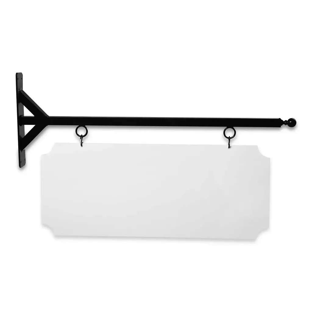 36" Wide Straight Shaft Bracket in  Black Powder Coated Steel with 14" Tall X 34" Wide X .080" Thick White Aluminum Sign Blank and 2 Black Powder Coated S-Hooks (Ball Finial)