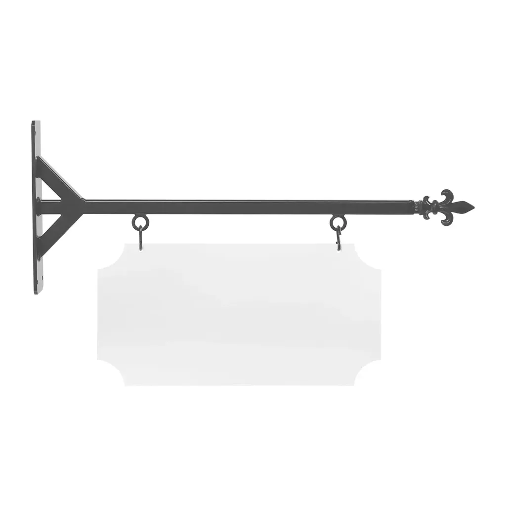 24'' Wide Straight Shaft Bracket in  Gray Powder Coated Steel with 10'' Tall X 20'' Wide X .063'' Thick White Aluminum Sign Blank and 2 Black Powder Coated S-Hooks (Fleur De Lis Finial)