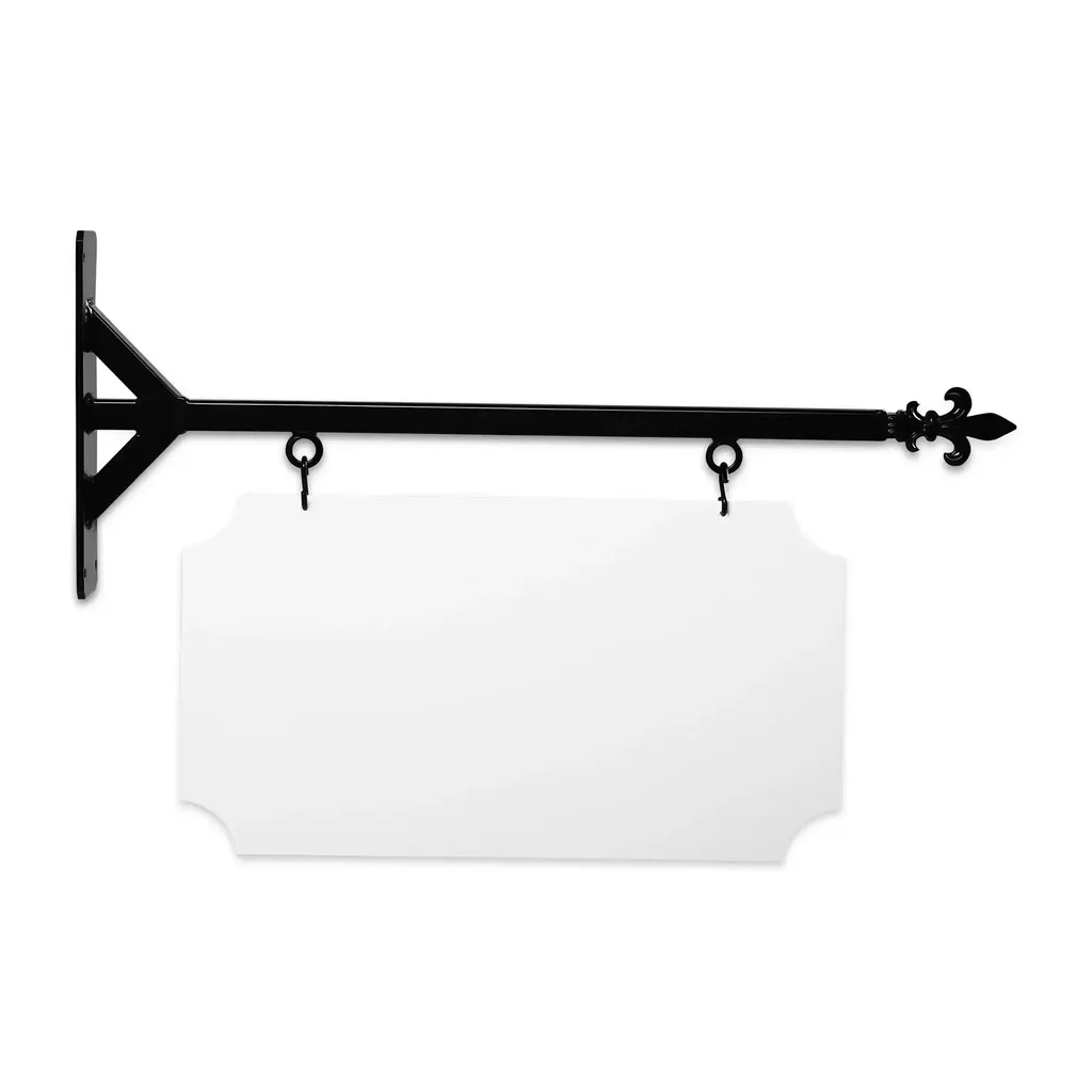 24'' Wide Straight Shaft Bracket in  Black Powder Coated Steel with 12'' Tall X 22'' Wide X .063'' Thick White Aluminum Sign Blank and 2 Black Powder Coated S-Hooks (Fleur De Lis Finial)