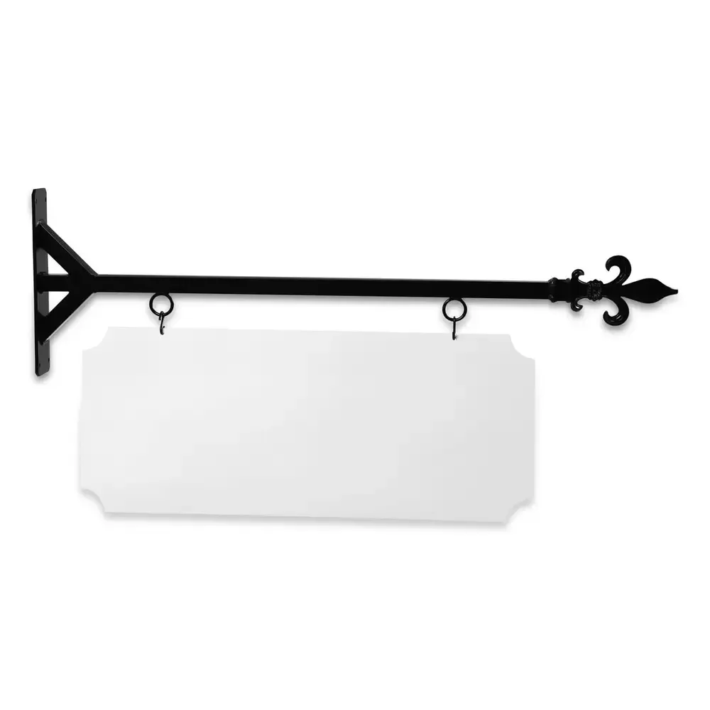 36" Wide Straight Shaft Bracket in  Black Powder Coated Steel with 14" Tall X 34" Wide X .080" Thick White Aluminum Sign Blank and 2 Black Powder Coated S-Hooks (Fleur De Lis Finial)