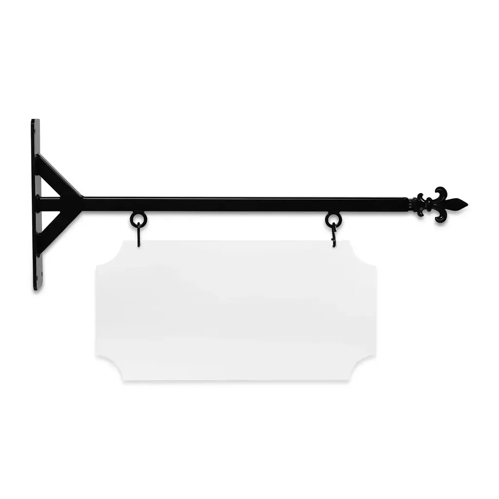 24'' Wide Straight Shaft Bracket in  Black Powder Coated Steel with 10'' Tall X 20'' Wide X .063'' Thick White Aluminum Sign Blank and 2 Black Powder Coated S-Hooks (Fleur De Lis Finial)