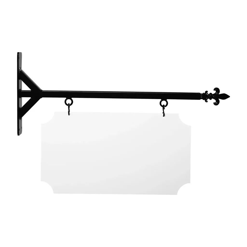 24" Wide Straight Shaft Bracket in  Black Powder Coated Steel with 12" Tall X 22" Wide X .063" Thick White Aluminum Sign Blank and 2 Black Powder Coated S-Hooks (BOM Fleur de lis)