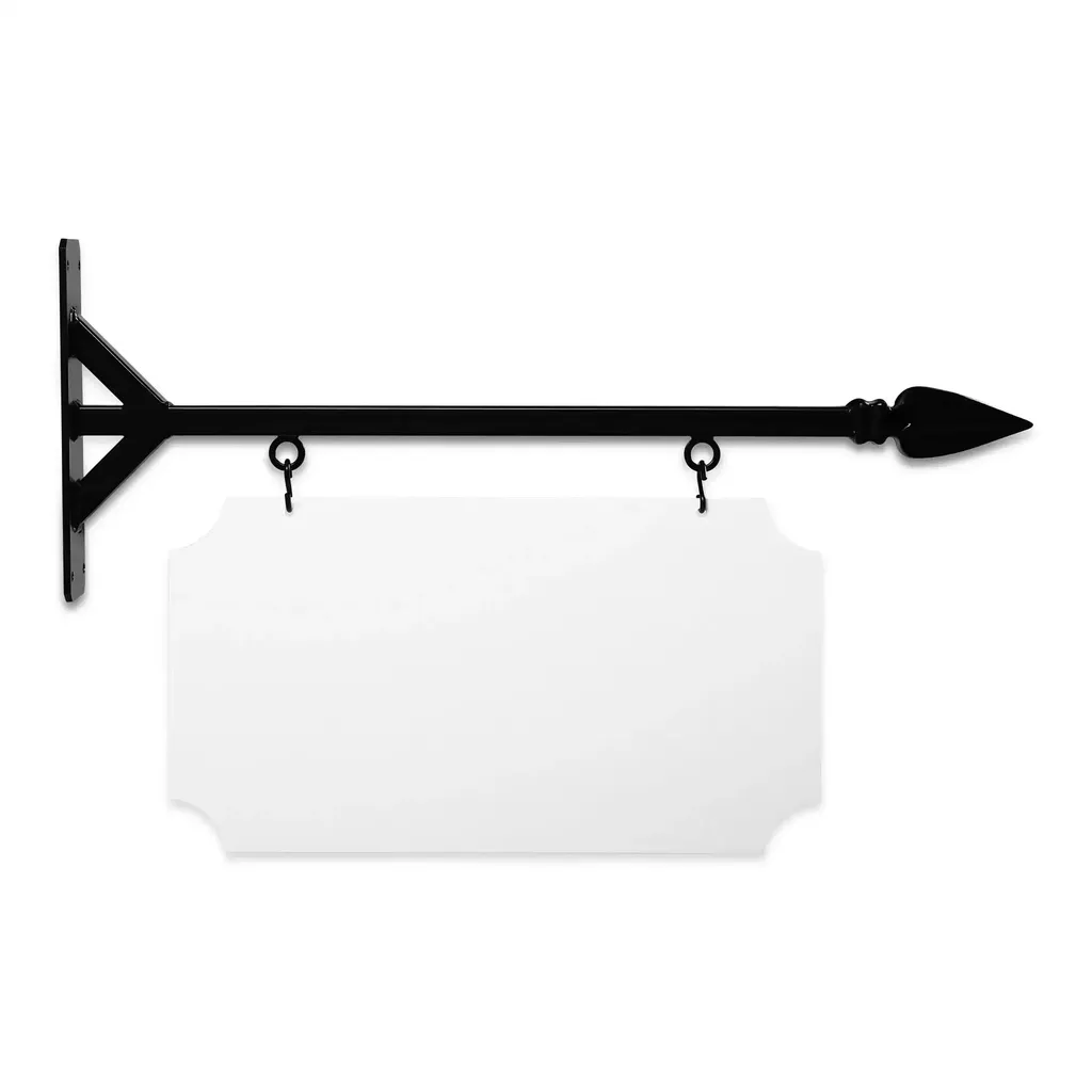 24" Wide Straight Shaft Bracket in  Black Powder Coated Steel with 12" Tall X 22" Wide X .063" Thick White Aluminum Sign Blank and 2 Black Powder Coated S-Hooks (Spear Finial)
