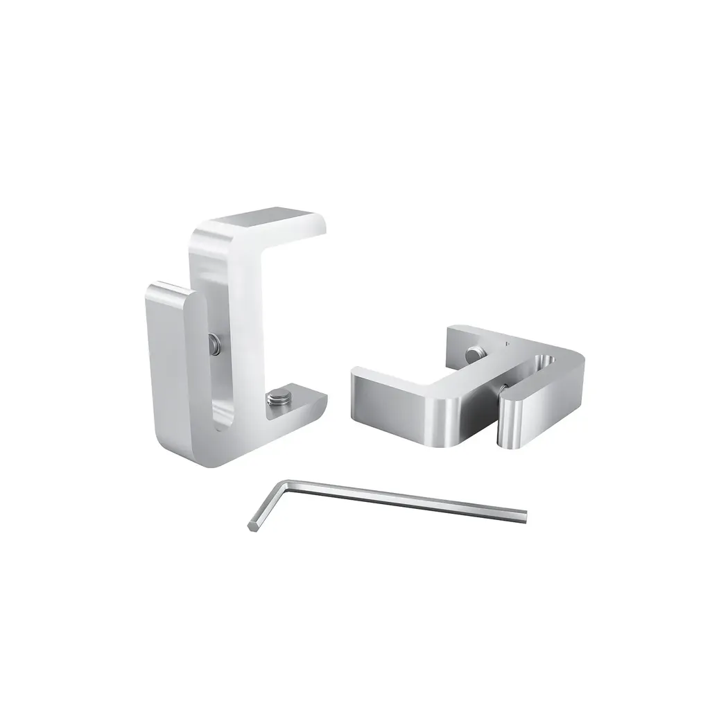 ''Set of 2,  Clamp, Aluminum Clear Anodized Finish, to Accommodate 1-1/2'' to 1-5/8' Counters. Hold up to 1/4'' material thickness M6 Set screw need 3mm Allen Wrench''