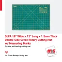 Olfa 18'' Wide x 12'' Long x 1.5mm Thick Double-Side Green Rotary Cutting Mat w/ Measuring Marks