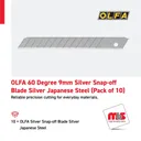 Olfa 60 Degree 9mm Silver Snap-off Blade Silver Japanese Steel (Pack of 10)
