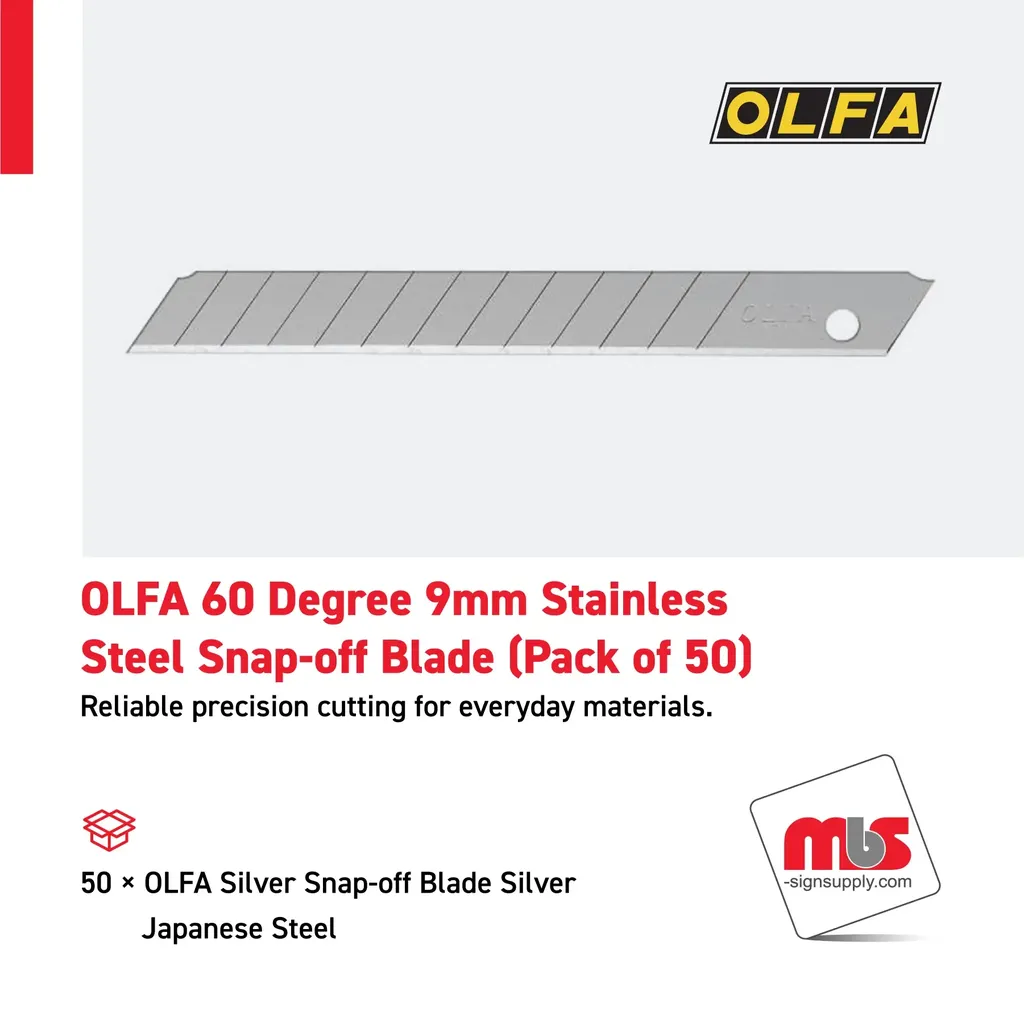 Olfa 60 Degree 9mm Silver Snap-off Blade Silver Japanese Steel (Pack of 50)