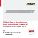 Olfa 60 Degree 9mm Silver Snap-off Blade Silver Japanese Steel (Pack of 50)