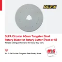 Olfa Circular 60mm Tungsten Steel Rotary Blade for Rotary Cutter (Pack of 5)