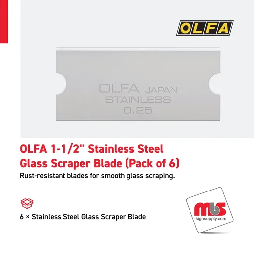 [SP-0205] Olfa 1-1/2" Stainless Steel Glass Scraper Blade (Pack of 6)