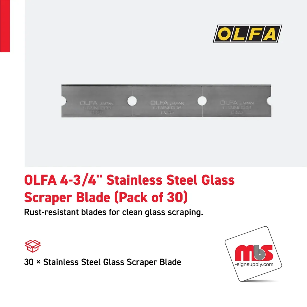 Olfa 4-3/4'' Stainless Steel Glass Scraper Blade (Pack of 30)
