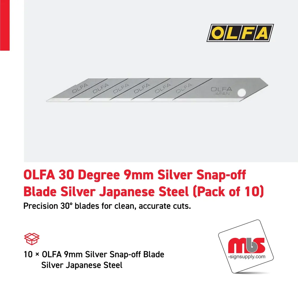 Olfa 30 Degree 9mm Silver Snap-off Blade Silver Japanese Steel (Pack of 10)