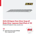 Olfa 30 Degree 9mm Silver Snap-off Blade Silver Japanese Steel (Pack of 10)