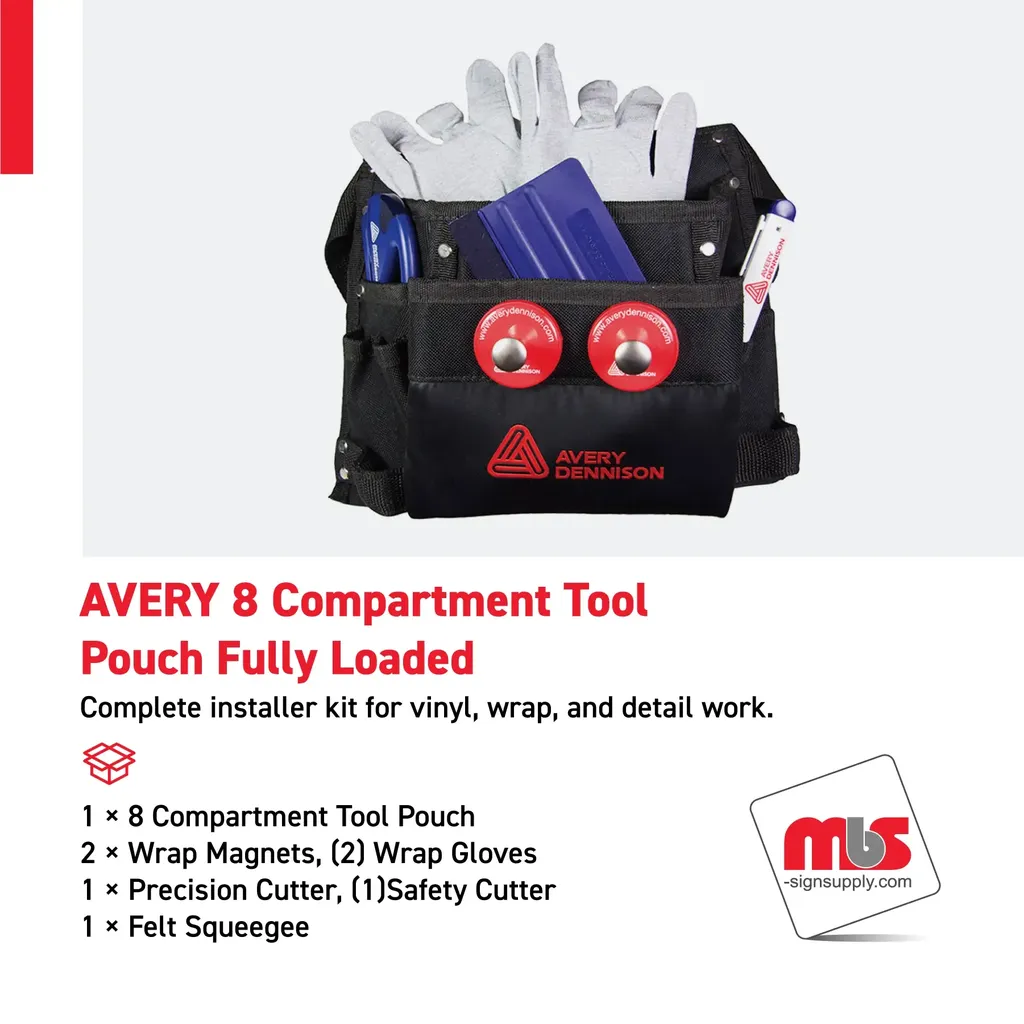 Avery 8 Compartment Tool Pouch Fully Loaded w/ Felt Squeegee, 2 Wrap magnets, 2 Wrap Gloves, 1 Precision Cutter, 1 Safety Cutter