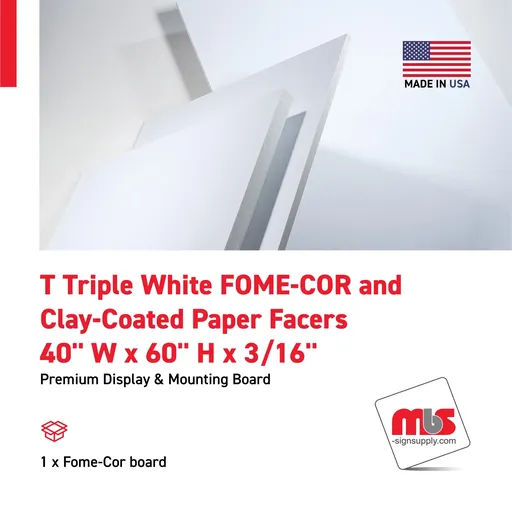 [FC9150-4060W] 40'' W x 60'' H x 3/16'' T Triple White FOME-COR and Clay-Coated Paper Facers