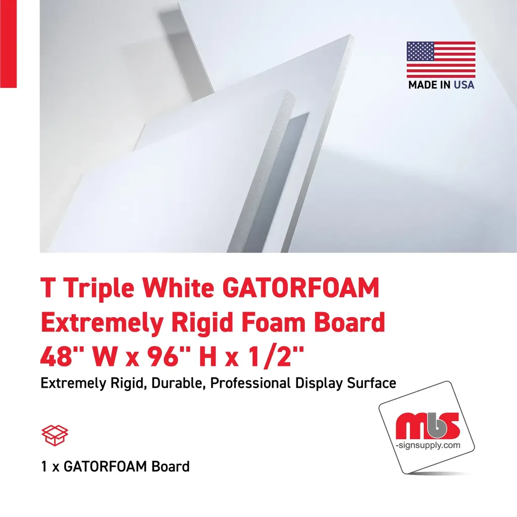 48" W x 96" H x 1/2" T Triple White GATORFOAM Extremely Rigid Foam Board
